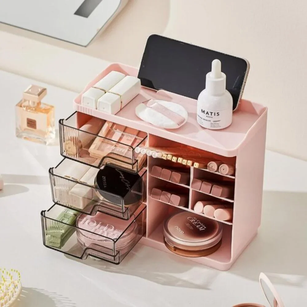 New Pink Makeup Organizer, 3-Drawer Vanity & Skincare Storage for Room Counter